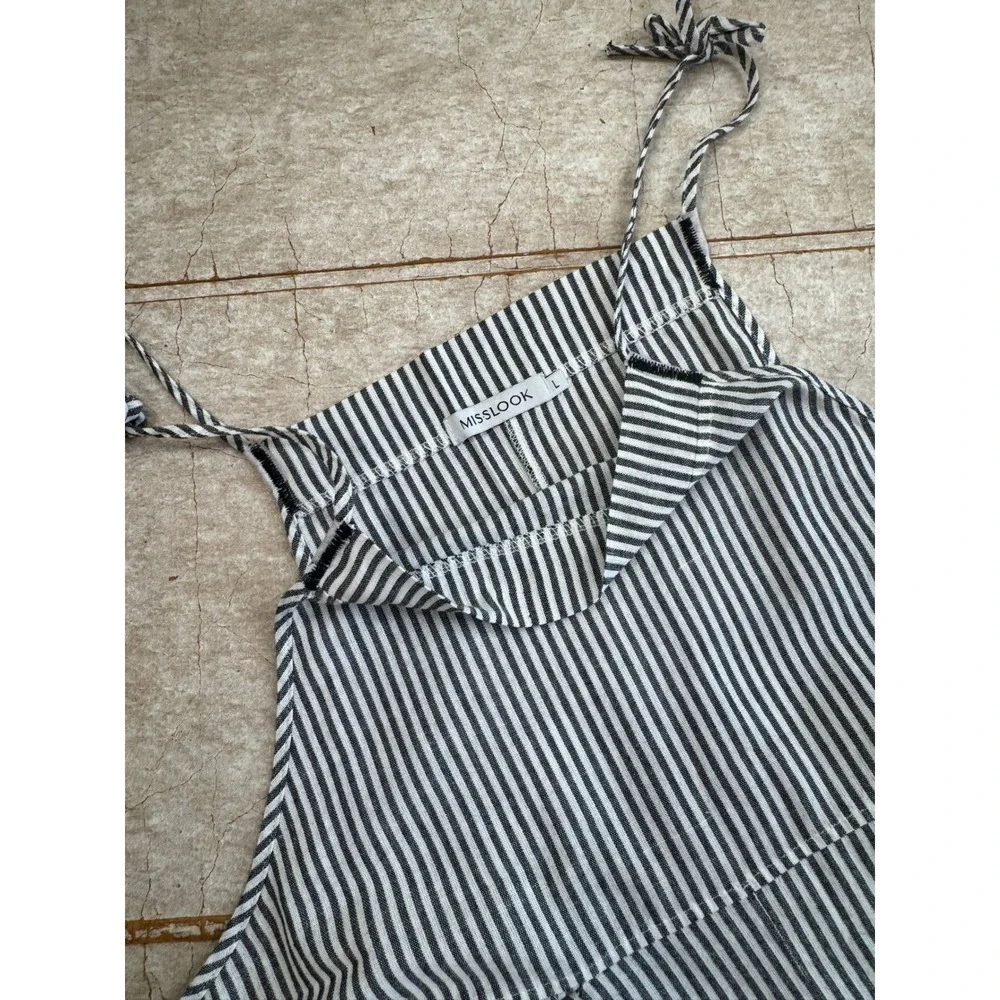 MISSLOOK Gray White Striped Cotton‎ Blend Overalls Women's Large Adjustable Tie